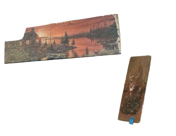 A 12x24 In h Slate Shingle with a Painted Deer on by Griffith and a 23x8.5 Inch Cabin on Wood image