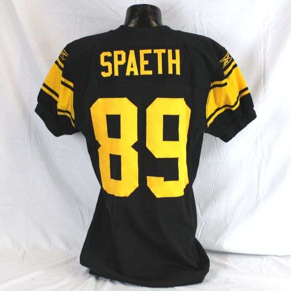 Pittsburgh Steelers #87 Matt Spaeth Game Used Throwback Jersey. Reebok Throwback jersey used by Steelers tight end Matt Spaeth. Jersey has 2007 year tag and features the Steelers 75th Anniversary patch. Jersey has a large team repair, loose threads and other signs of use. Spaeth had a touchdown reception in the game against Buffalo in which the team wore the throwback jerseys. He had two stints with the team, spending seven of his nine-year NFL career with the black and gold. Spaeth is a one-time Super Bowl Champion. . Each autographed and game-used item is personally authenticated by Pittsburgh Steelers Authentic Memorabilia. Each memorabilia item is affixed with an individually numbered, tamper-evident hologram or vinyl patch which can be verified online ensuring that this item is authentic and eliminating the possibility of fraud. image