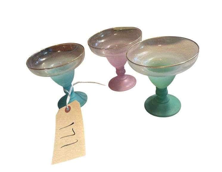 3 Vintage Blendo Margarita Shrimp Glasses Set of 3 Purple Green And Blue image