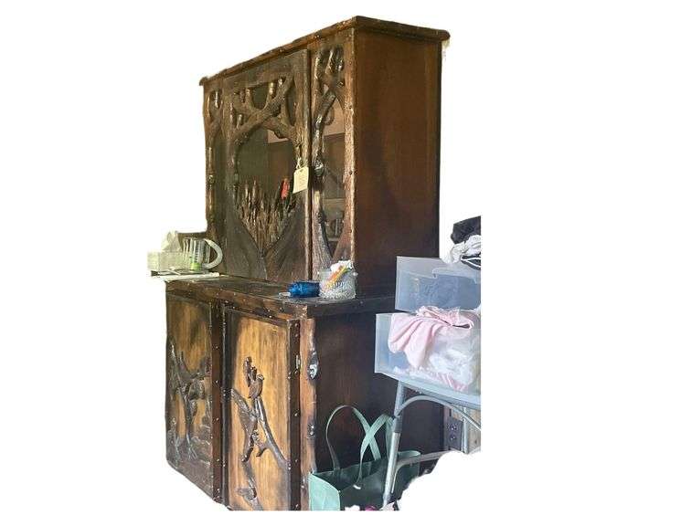 2 Piece Chain Saw Cut China Cabinet Base 56x26x36 Inches Top is 51x16x36 Inches image