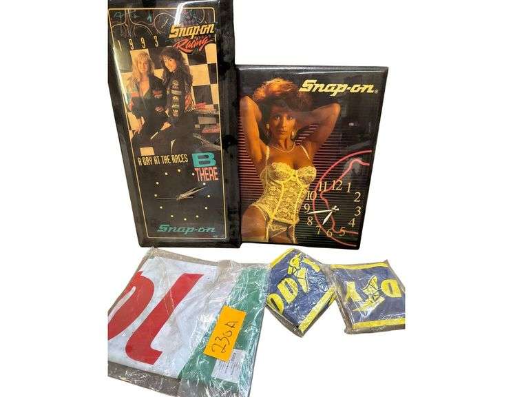 (2) Snap-On Advertising Pin-Up Girl Clocks - 2 Blow-Up Goodyear Blimps - Castrol Flag image