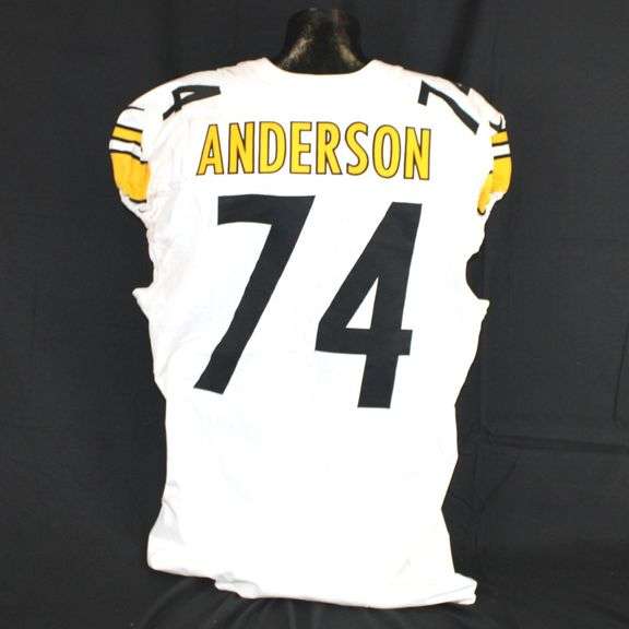 Pittsburgh Steelers #74 Spencer Anderson Game Used Away Jersey. Nike away jersey worn by offensive lineman Spencer Anderson for the September 29, 2024 game against the Indianapolis Colts at Lucas Oil Stadium. Jersey has a 2024 year tag. Jersey has several stains, hit marks, transfer, loose threads and other signs of wear. Anderson played 91% of the offensive snaps in the game. Jersey comes with a Davious Sports photo match. Each autographed and game-used item is personally authenticated by Pittsburgh Steelers Authentic Memorabilia. Each memorabilia item is affixed with an individually numbered, tamper-evident hologram or vinyl patch which can be verified online ensuring that this item is authentic and eliminating the possibility of fraud. image