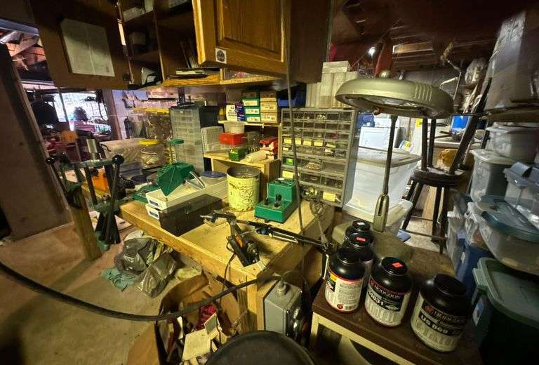 Reloading Station - RCBS Partner Press - RCBS Charge Master 1500 Digital Powder Scale - Ammo Master Press - Lyman Universal Case Trimmer - Lyman 2500 Pro Magnum Turbo Tumbler - Gun Cleaning Accessories - Hardware Bins - Casings - AND MORE. SEE PHOTOS! image