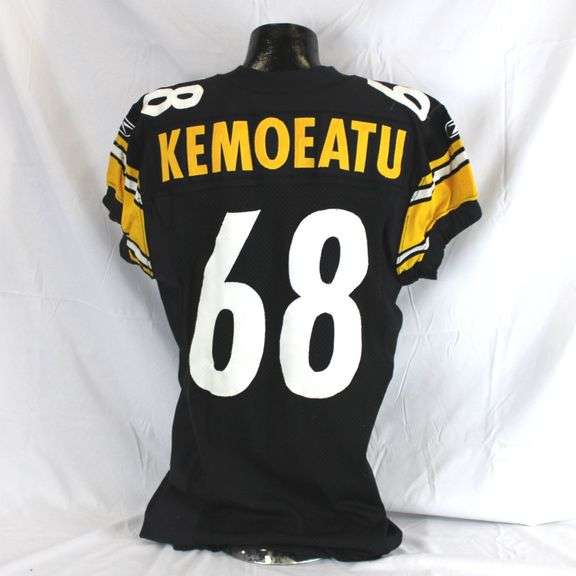 Pittsburgh Steelers #68 Chris Kemoeatu Game Used Home Jersey. Reebok jersey used by offensive lineman Chris Kemoeatu. Jersey has a 2008 year tag, several team repairs, loose threads, scrapes and other signs of wear. Kemoeatu spent all six of his NFL seasons in Pittsburgh and he is a one-time Super Bowl Champion (XL). He started all 16 games in 2008 and recovered two fumbles. Each autographed and game-used item is personally authenticated by Pittsburgh Steelers Authentic Memorabilia. Each memorabilia item is affixed with an individually numbered, tamper-evident hologram or vinyl patch which can be verified online ensuring that this item is authentic and eliminating the possibility of fraud. image