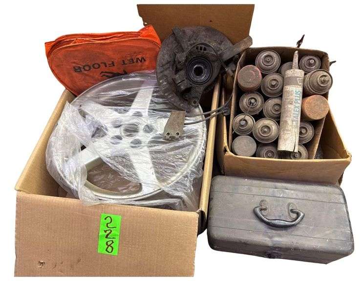 Misc. Lot including 5 lug Wheel - Empty Toolbox - Spray Paint image