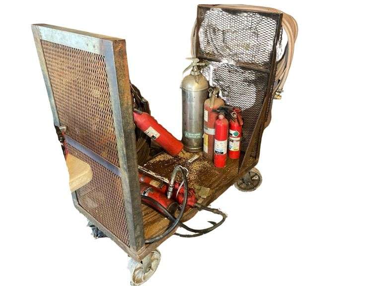 Metal Cart on Wheels 43x22x37 Inches a Hydraulic Jack, 5 Fire Extinguishers image