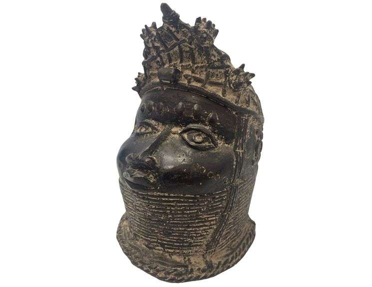 Bronze Commemorative Head of an Oba King - Benin People of West Africa - 9 1/2" Tall