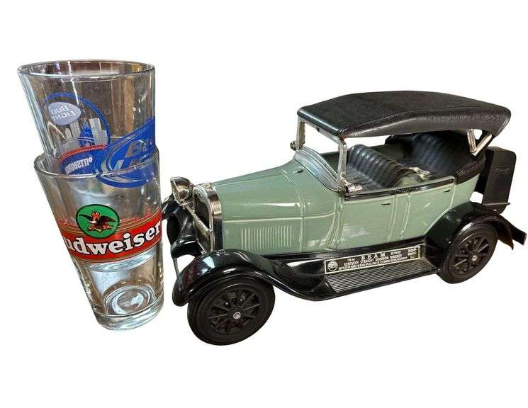 Jim Beam 1929 Ford Model A Decanter (Opened) - 2 Beer Glasses (Bud Light & Budweiser) image