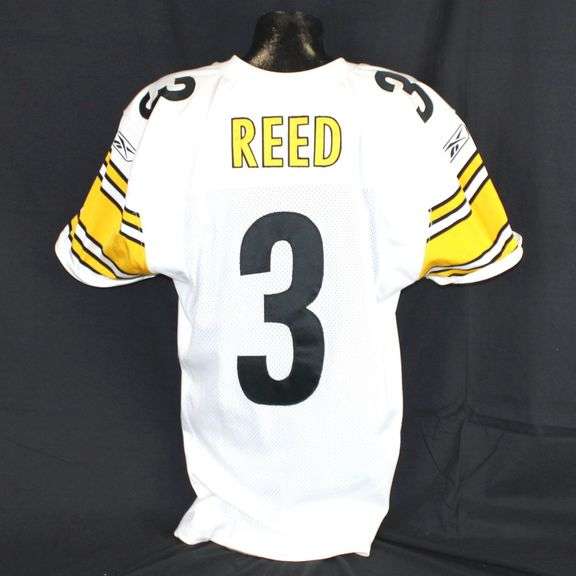 Pittsburgh Steelers #3 Jeff Reed Game Used Away Jersey. Reebok away jersey used by kicker Jeff Reed. Jersey has a 2003 year tag and has a large team repair, stains and transfer, loose threads and other signs of use. Townsend is a two-time Super Bowl Champion (XL & XLIII) and played nine of his 10-year NFL career in Pittsburgh. Reed ranks third all-time on the team scoring list with 919 points. Each autographed and game-used item is personally authenticated by Pittsburgh Steelers Authentic Memorabilia. Each memorabilia item is affixed with an individually numbered, tamper-evident hologram or vinyl patch which can be verified online ensuring that this item is authentic and eliminating the possibility of fraud. image