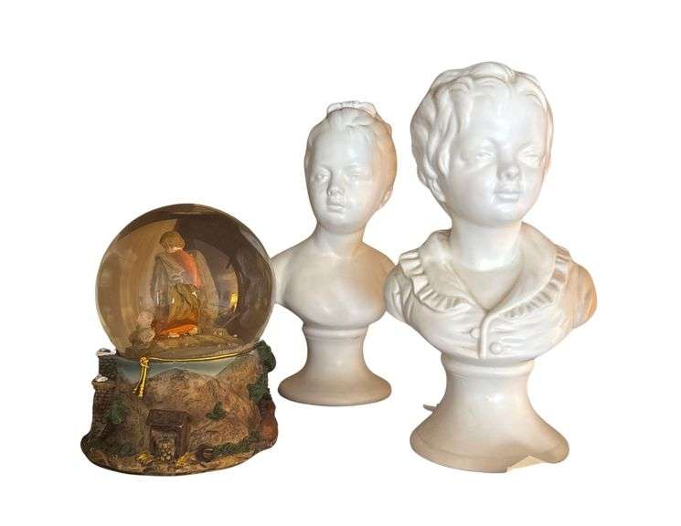 Ceramic Girl and Boy Busts and Nativity Snow Globe image