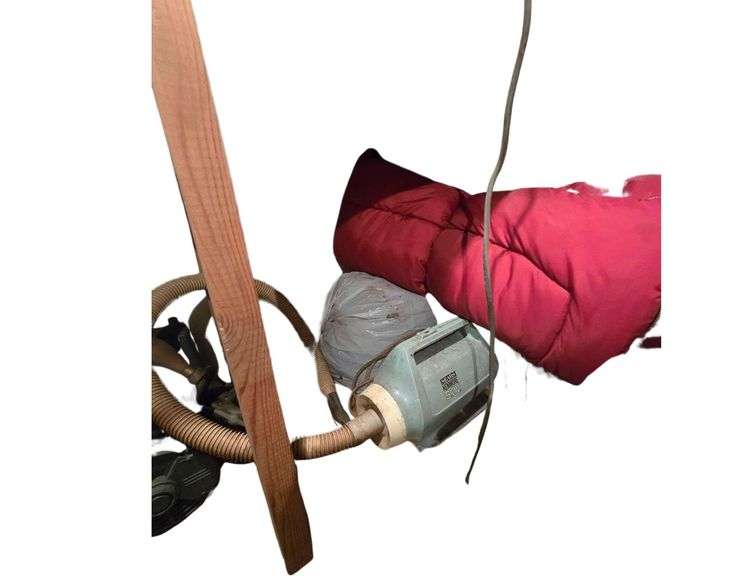 Contents of Bottom Shelf and Floor Beneath Shelf Including Vintage Kenmore Vacuum Cleaner, Coleman Lantern, Dishes, Electric Motors, Sleeping Bag image