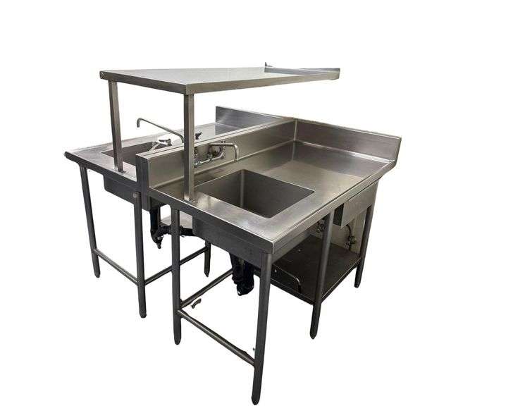 Dual Stainless Steel Sinks With Shelf - 55” L. X 31” D. X 42” H. - Shelf Size - 54” L. X 24” W. X 20” H. image