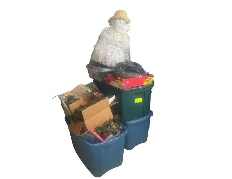 6 Plastic Totes Along With a 29 Inch Snowman Assorted Xmas Wreaths image