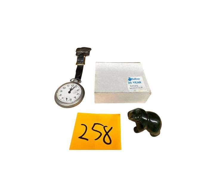 Bulls Eye Pocket Watch, Balfour 35th Money Clip/Knife, and Jade Bear Figure image