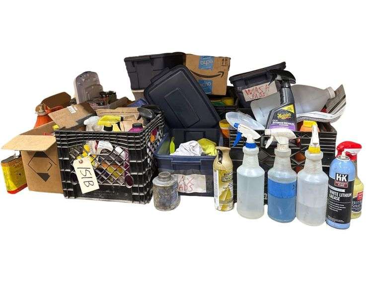 Vehicle/Equipment/General Cleaning Supplies - Rags, Roto Brush Drill Attachment, Cleaning Chemicals, Tarp image