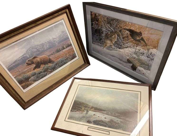 A Set of 3 Prints 34x28 Inch Grizzley ,A 36x26 Inch Fox , 32x23 Inch 2 Fishermen image