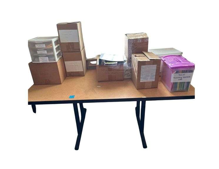 Steel/Wood Table 6’L. X3’W. X 29” H. - DeLongi Electric Oil Heater - Dry Erase Board- Steel File Cabinet- 42”L. X 50” H. X 18” D. image