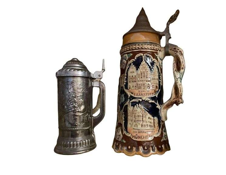7 Inch Tall Avon Beer Stein With German Stein- 11 Inches Tall image