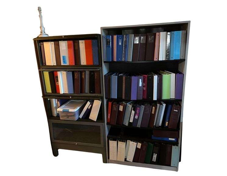 Wooden Shelf Full Of Binders 6’ L. X 38” W. X 12” D. - Steel /Glass Display Cabinet Full Of Binders 69”H. X 33” W. image