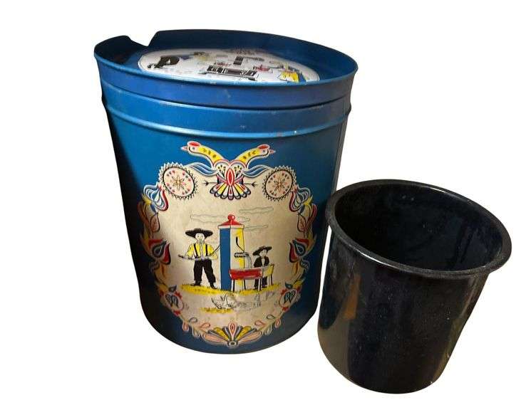 Vintage Enamel Ware Pot 10” H. 8” Diameter and Vintage Bachman Pretzel Tin 12” H. image