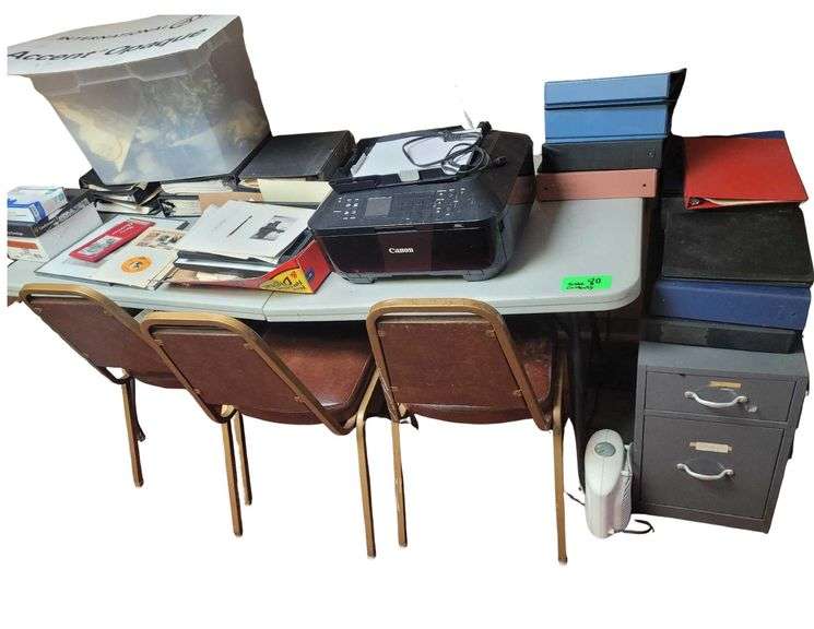 Folding Table- 3 Chairs- 29" Cabinet- Printer- Folders image