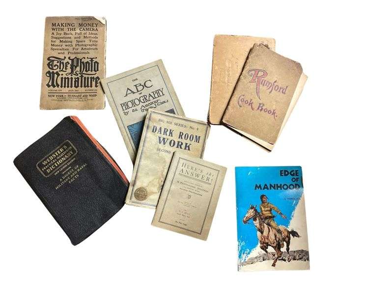 A Collection of 9 Various Books- 4 Photographic Books Starting in 1938, Websters Military and Naval Facts 1942, and 2 Rumford Chemicals Cook Books image