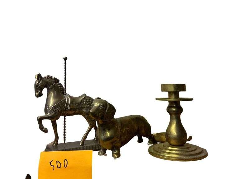 3 - Brass Figurines - Horse 9”H. - Dog 9” L. Candle Holder 6” H. image