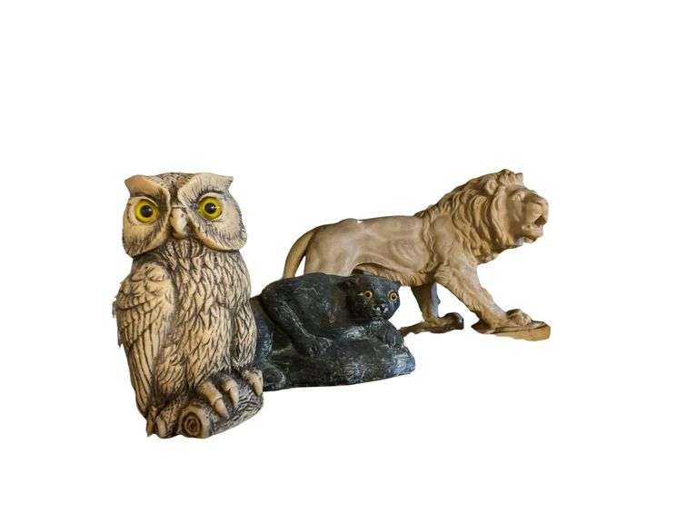 3 Stone Carved Figures Owl, Panther, and Lion image