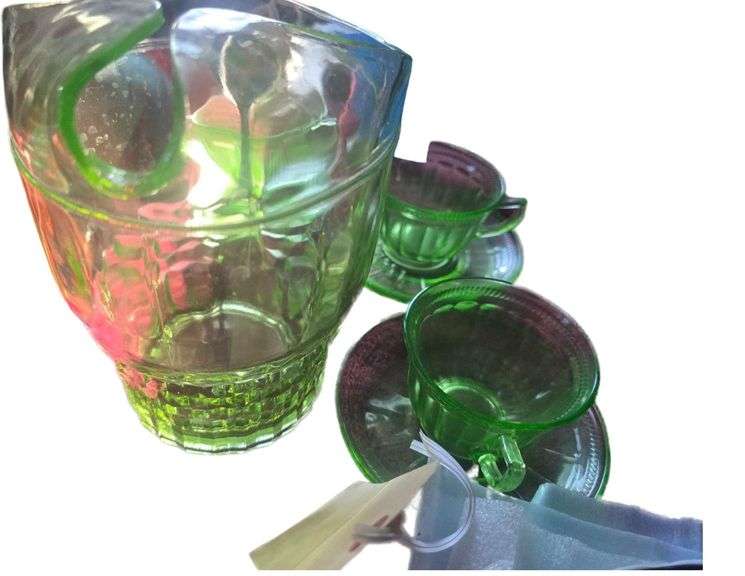 Green Glass Tea Set 3 Cups and Sauscers image