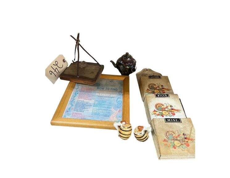 A Plaque How To Find Peace In Every Day, Mini Serving Tea Pot, and Bill/Letter Holder image