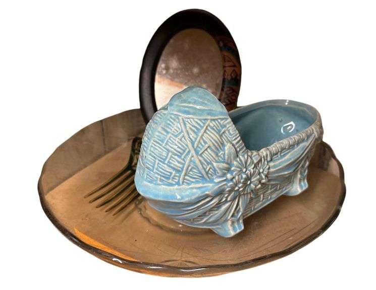 McCoy Cradle Planter 9”,  Vintage Hair Comb, Glass Bowl, and an Oval Mirror 8” L. image