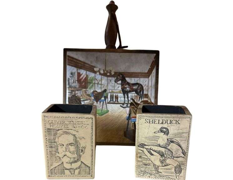 ENESCO Fredrick Elmiger Saddle Shop Trivet - 7” L. - Faux Scrimshaw Pencil Holders- 4” H. image