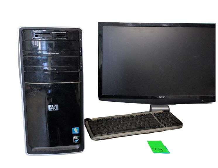 HP Computer, Monitor, Keyboard, Mouse,  5 ' Table, 4 Drawer Filing Cabinet with Contents. Computer Cables, Software Book. image
