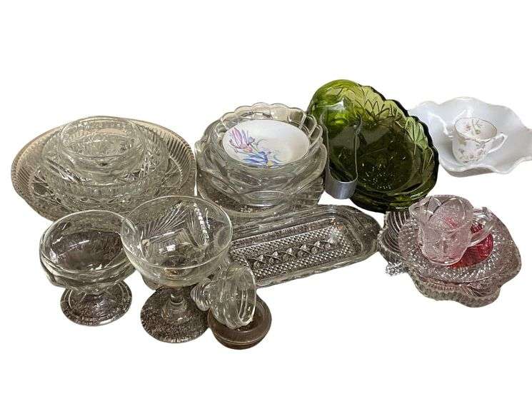 An Assortment Of Pieces of Glass Ware , 5 Glass Bowls , 2Green Glass Candy Oblong Dishes 8x3 Inches image