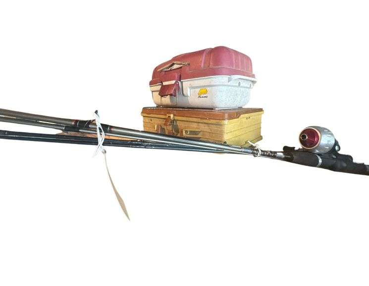 Pair of Tackle Boxes (empty) & 2 Fishing Poles w Reels image