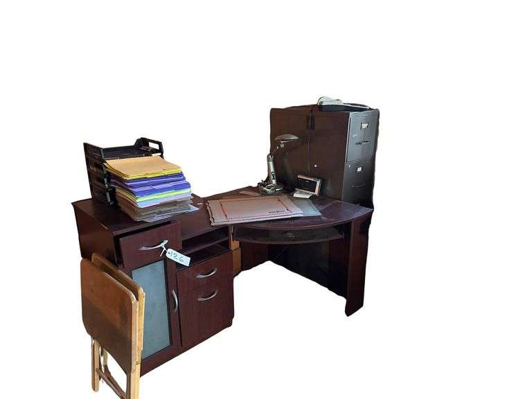 Corner Computer Desk - Steel File Cabinet- Tray Tables - Electric Typewriter - image