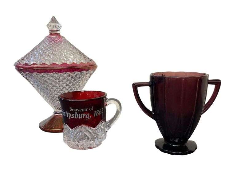 Westmorland English Hobnail Ruby Flashed Candy Dish, Gettysburg Souvenir Cup 3" Tall, A Hazel Newport Hairpin Cup 4" image
