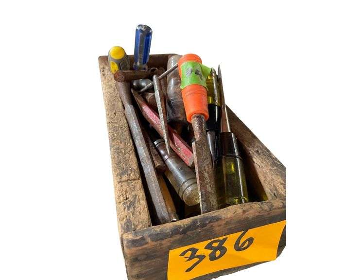 Wooden Box of Chisels and Screw Drivers image