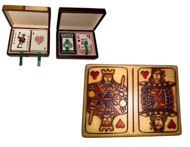 Carved Wooden Playing Card Boxes With Cards Handmade In Poland - 6.5 in. L. image