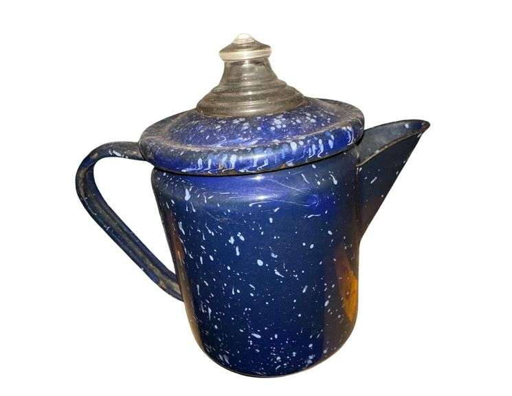 Blue Speckled Coffee Pot 8” H. - 2 - Enamel Ware Bowls - 10” Diameter- 12” Diameter image