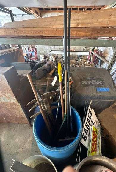 Several Picks - Squeegie - Garden Tools - Including Drum That They Are Stored In image