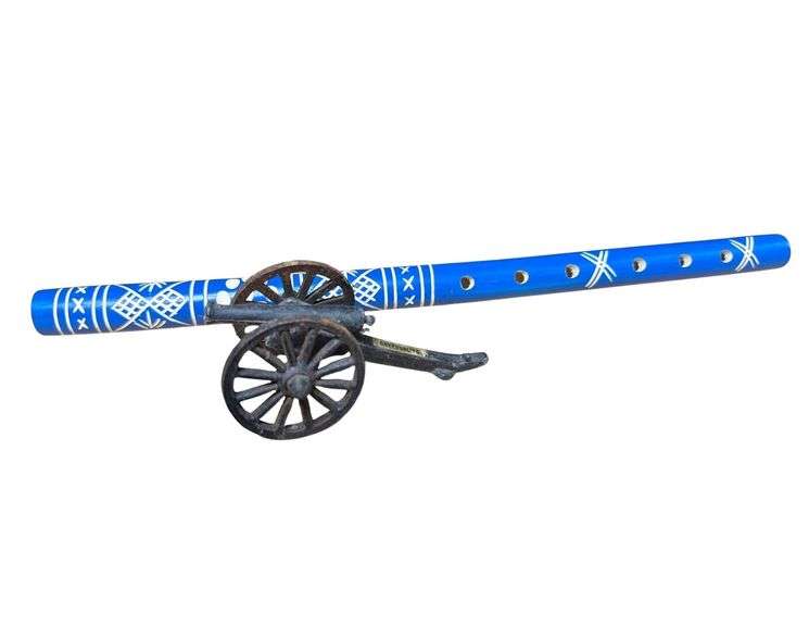 Cast Iron Civil War Cannon Toy and Hand Carved Wooden Flute image