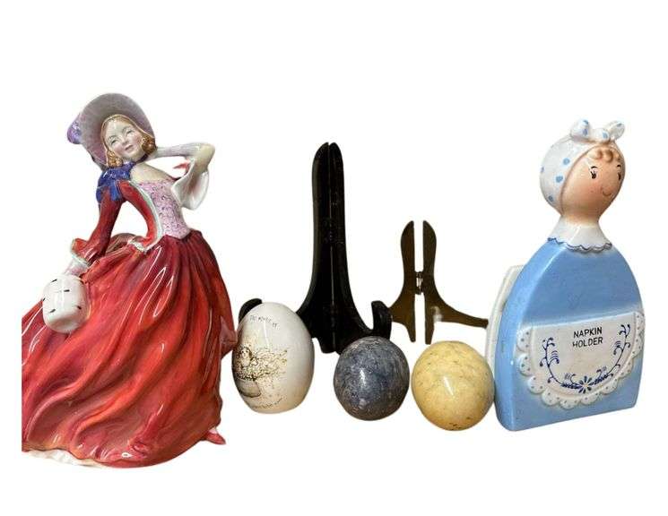 Royal Doulton Autumn Breezes Figurine , Davar Napkin Holder, Holly Hobbie Porcelain Egg, 2 Porcelain Eggs, and 2 Wooden Plate Stands image