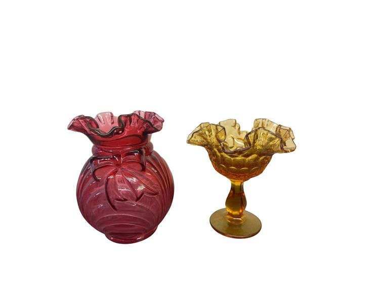 Vintage Fenton Cranberry Caprice Glass Vase (7" Tall) - Vintage Fenton Amber Glass Compote Dish image