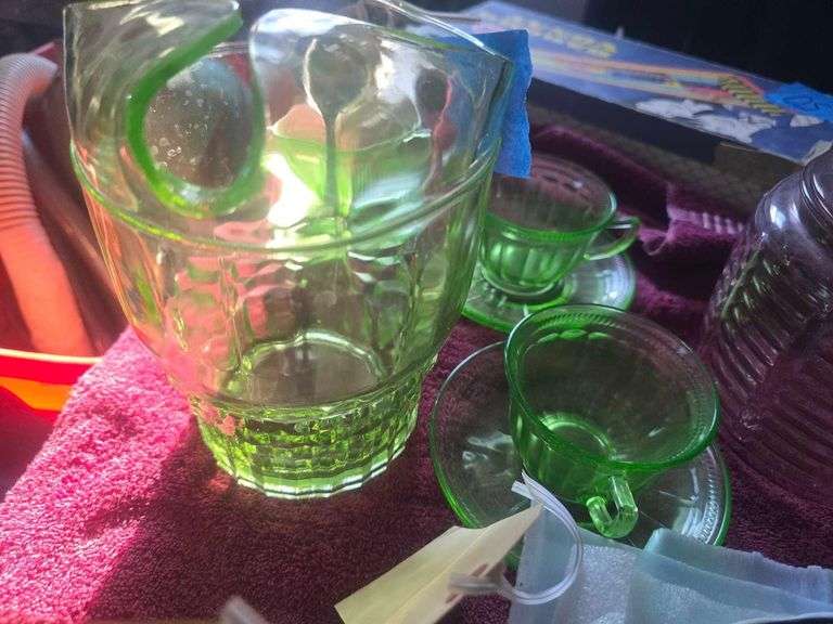 Green Glass Tea Set 3 Cups and Sauscers image