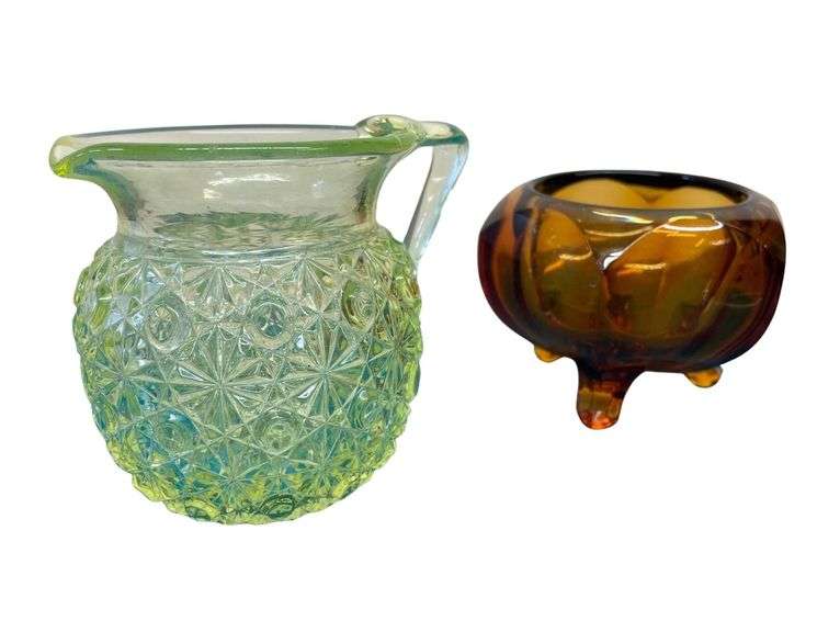 Uranium Mini Picher Daisy Button Pattern 4.5"x 4" With Viking Amber Glass Pedestal Bowl 4.5"x3" image