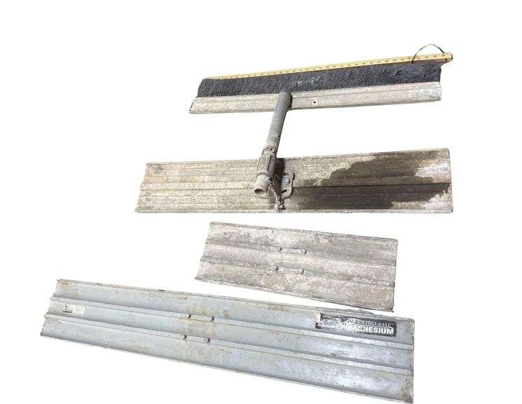Cement Finishing Lot of Bull Floats and More - 8 Magnesium Extra Lite Threaded Extension Poles - 3 Screeds: 10’ , 6’ & 5’ - 3 Misc. Floats - Finishing Broom image