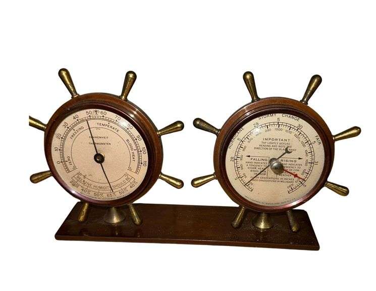 Antique Brass Ships Wheel Thermometer Barometer- 10” L. X 8.5” H. image