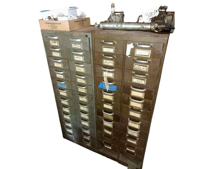 Pair of Heavy Duty Hardware Organizer Cabinets - 20" x 28" x 52" Each - 28" Deep Drawers - Includes Contents - Some Drawers Empty image