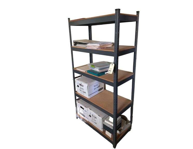 Steel Shelf 6’ H. Contents Included- Steel Computer Desk 40” L. Xx20” D. X 29” H. image